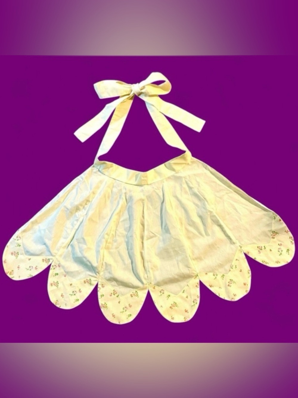 Vintage Handmade Half Apron Yellow Floral Scalloped Hem Cottagecore Kitchen EUC